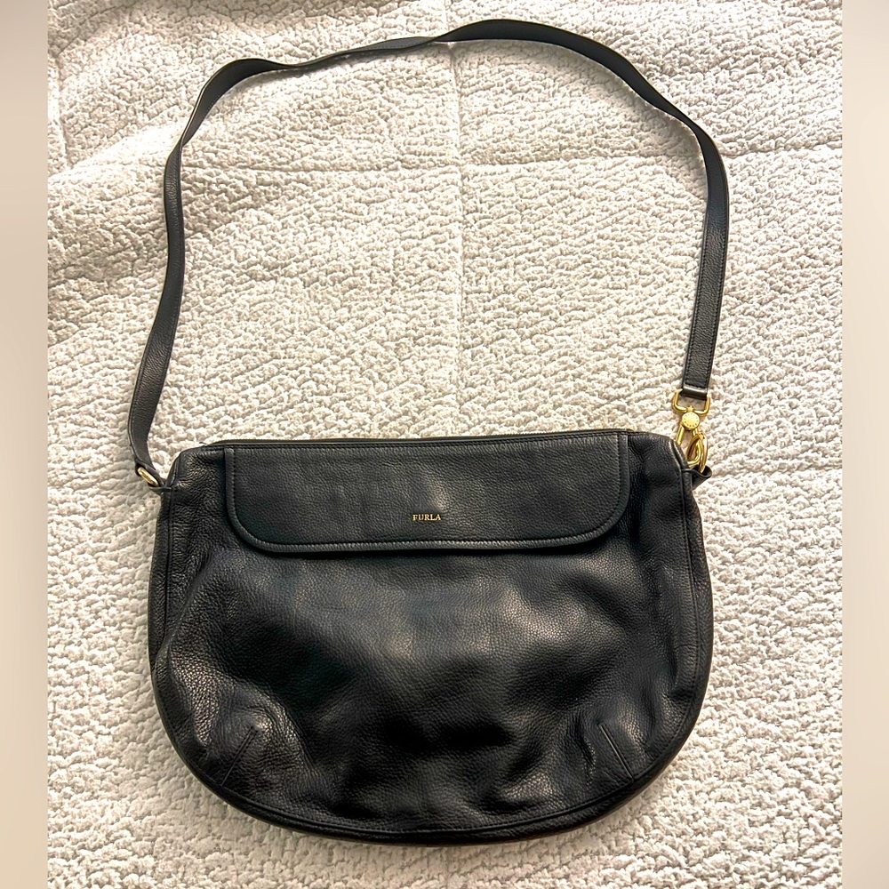 Furla Classic Oversized Black Leather Crossbody Bag